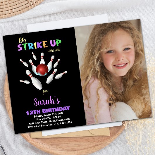 ブラックパープルフォトボーリング誕生日招待状 招待状