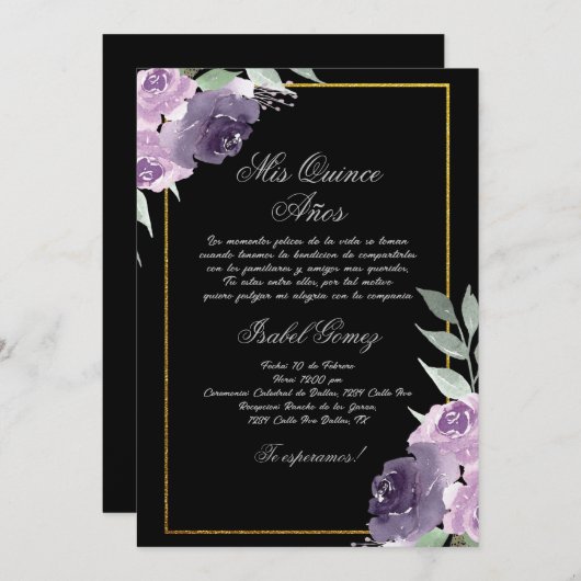 ブラックパープルフラワーキンセアニェラ 招待状 (正面/裏面)