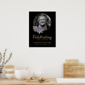 ブラックパープルフラワー葬儀フォトウェルカムサイン ポスター (キッチン)