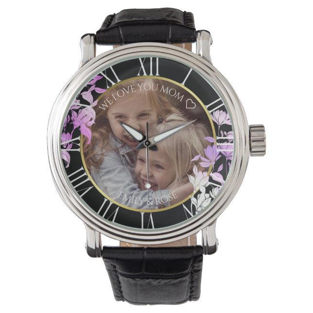 ブラックパープルフローラカスタムチルドレン写真テンプレート 腕時計 (正面)