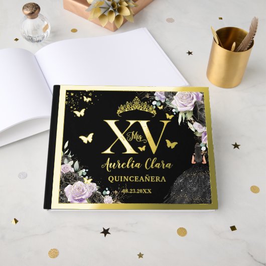 ブラックパープルフローラキンセアニラクリン15 XV金ゴールド ゲストブック (正面見開き)