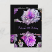 ブラックパープルフローラバースデーパーティーパールイメージ 招待状 (正面/裏面)