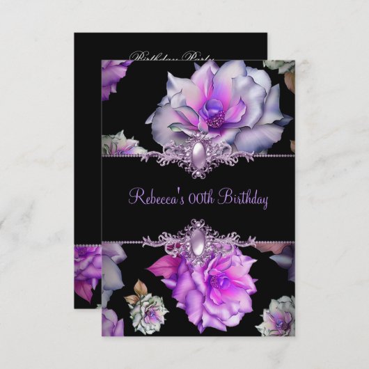 ブラックパープルフローラバースデーパーティーパールイメージ 招待状 (正面/裏面)