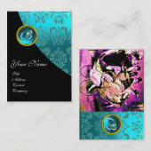 ブラックパープルブルー自転車結婚のダマスクモノグラム 名刺 (正面/裏面)