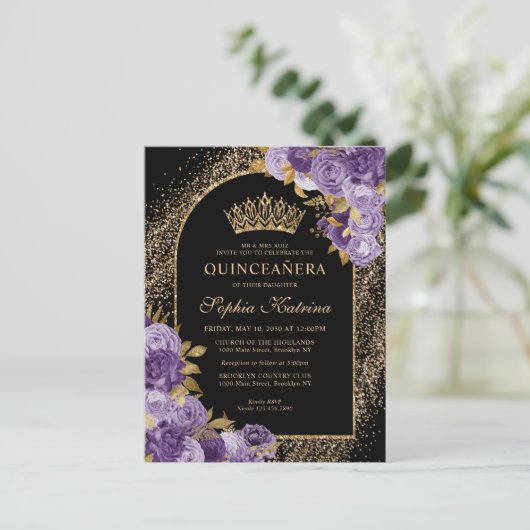 ブラックパープルプラム金ゴールドグリッターフローラキンセアニェラ インビテーションポストカード (スタンド正面)