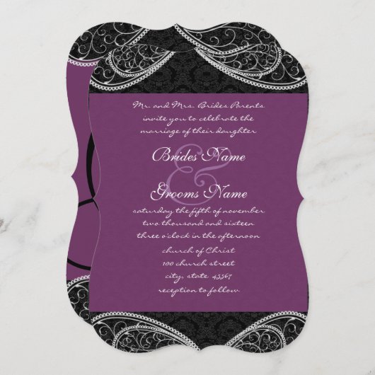 ブラックパープルペイズリーダマスクウェディング招待状 招待状 (正面/裏面)
