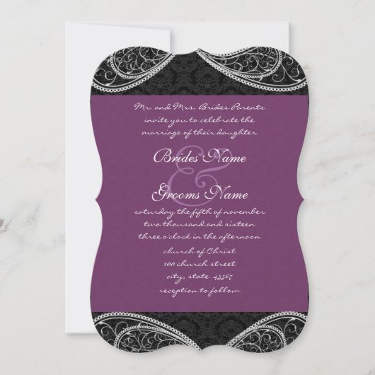 ブラックパープルペイズリーダマスクウェディング招待状 招待状 (正面)