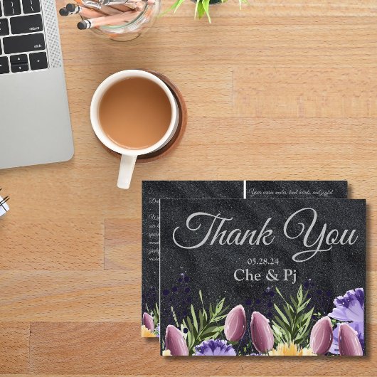 ブラックパープルミニマルフローラサンキューカード ポストカード