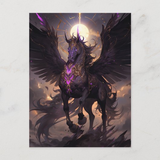 ブラックパープルユニコーンファンタジーアート ポストカード (正面)