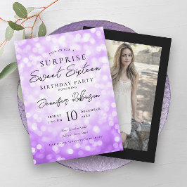 ブラックパープルライツフォトサプライズSweet 16 招待状