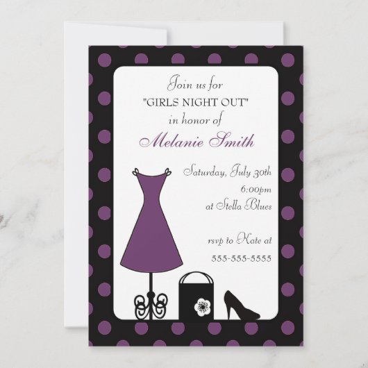 ブラックパープル水玉模様ガールズナイトアウト 招待状 (正面)