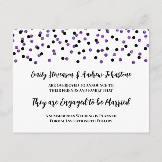ブラックパープル紙吹雪婚約発表 案内ポストカード (正面)