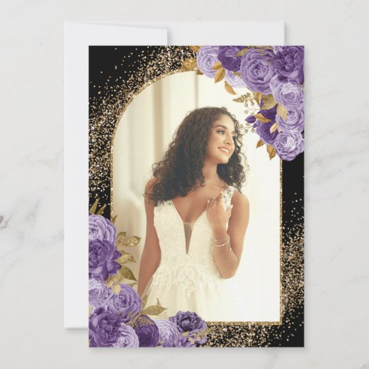 ブラックパープル金ゴールドグリッターフローラ写真キンセアニェラ 招待状 (裏面)