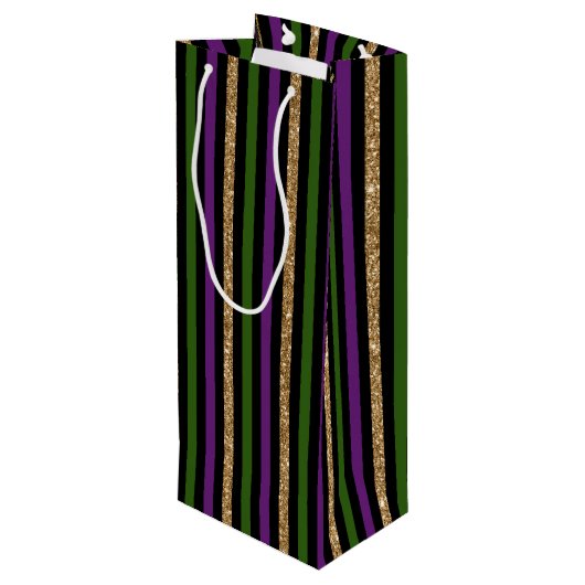 ブラックパープル金ゴールドグリーンマルディグラストライプス ワインギフトバッグ (裏面アングル)