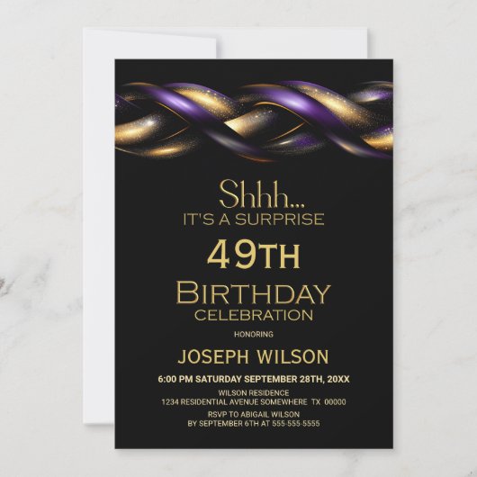 ブラックパープル金ゴールドサプライズ任意の年齢の誕生日パーティー 招待状 (正面)