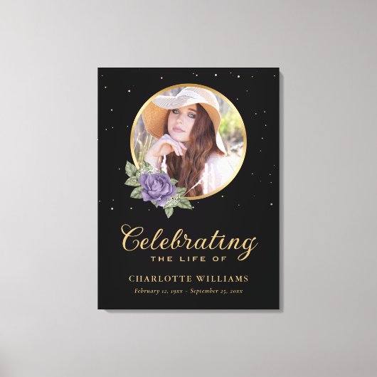 ブラックパープル金ゴールドフローラ葬式ウェルカムサイン キャンバスプリント (正面)