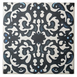 ブラックパープル&ティール(緑がかった色)オンホワイトトスカーナスタイル タイル