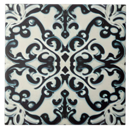 ブラックパープル&ティール(緑がかった色)オンホワイトトスカーナスタイル タイル