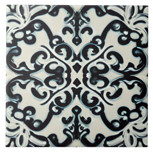 ブラックパープル&ティール(緑がかった色)オンホワイトトスカーナスタイル タイル (正面)