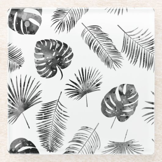 ブラックパーム葉ヴィンテージ：シームレス。 ガラスコースター (正面)