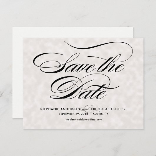 ブラックパールエレガントスクリプト結婚式の日付を保存 案内ポストカード (正面/裏面)