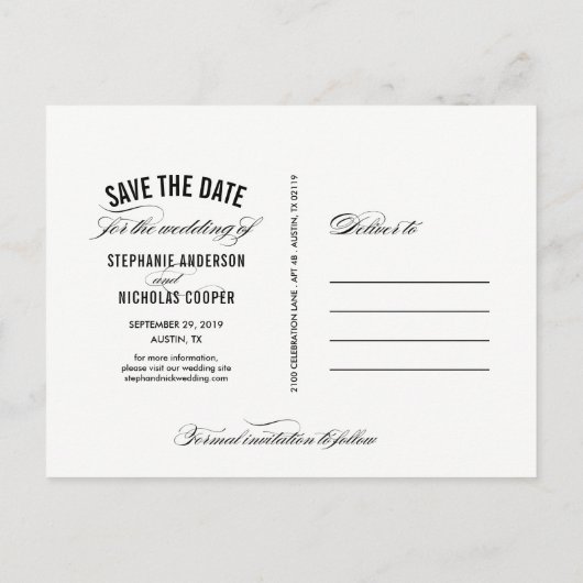 ブラックパールエレガントスクリプト結婚式の日付を保存 案内ポストカード (裏面)