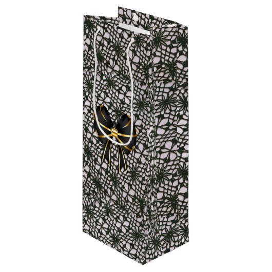 ブラックパールレースとボウ ワインギフトバッグ (正面アングル)