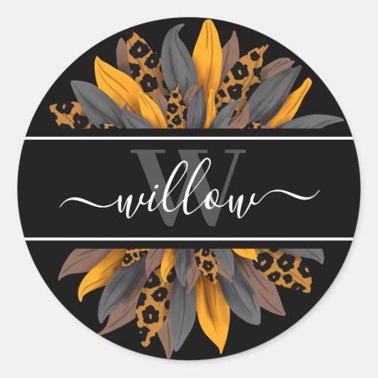 ブラックヒョウ斑点ひまわりキッズネームラベル ラウンドシール (正面)