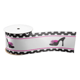 ブラックヒール付き黒水玉模様 サテンリボン