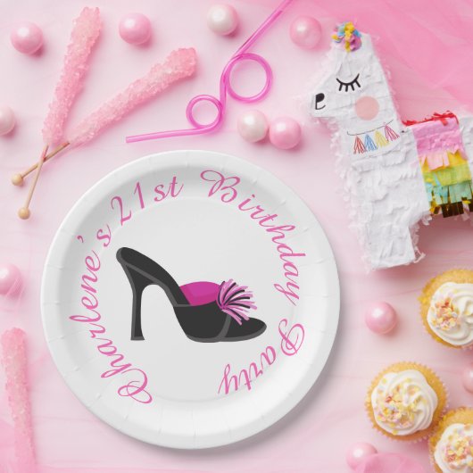 ブラックヒール付き黒水玉模様 ペーパープレート (パーティー)