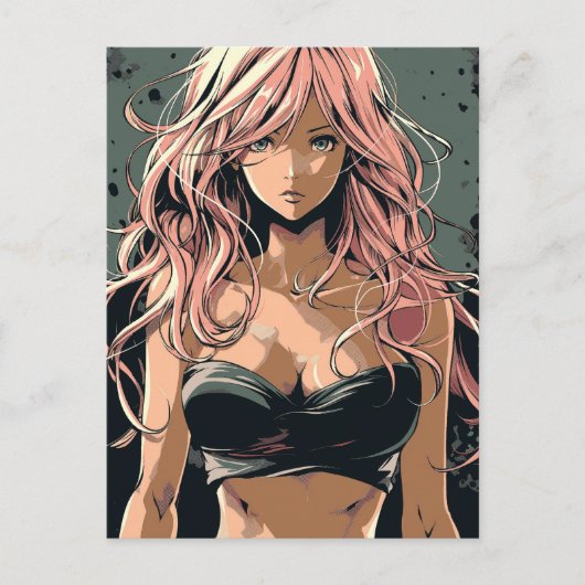 ブラックビキニのセクシーアニメガール ポストカード (正面)