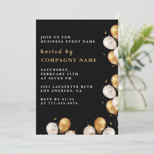 ブラックビジネスパーティー招待状金ゴールドバルーン 招待状 (スタンド正面)