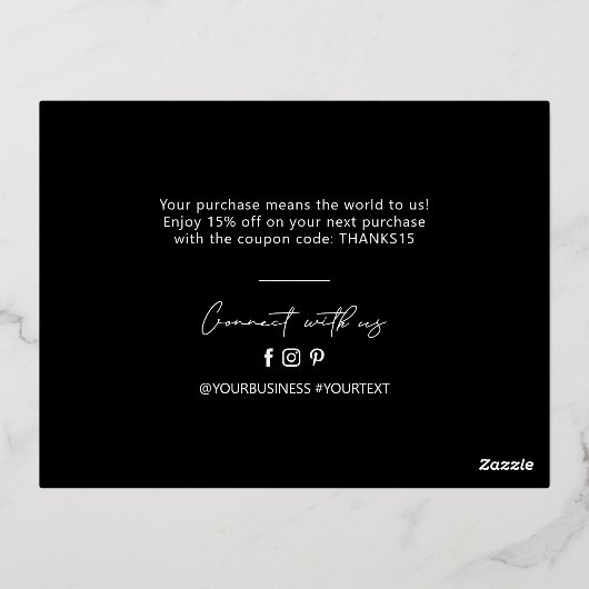 ブラックビジネスロゴありがとうご用意パッケージの挿入 箔招待状ポストカード (裏面)