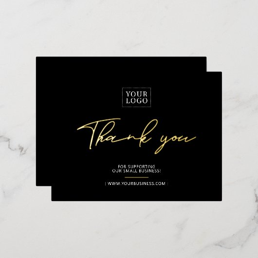 ブラックビジネスロゴありがとうご用意パッケージの挿入 箔招待状ポストカード (正面/裏面)