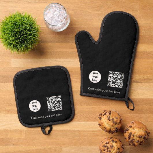 ブラックビジネスロゴプロモーションQRコード文字 鍋つかみ&鍋敷きセット (トップダウン)