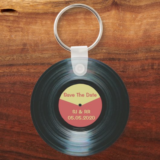 ブラックビニールミュージックウェディング日付キーリングを保存 キーホルダー (正面)