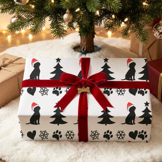 ブラックビーグル犬のクリスマスシルエット柄 ラッピングペーパー