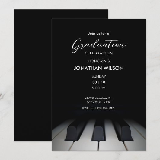 ブラックピアノ音楽卒業 招待状 (正面/裏面)