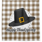 ブラックピルグリムハットオンブラウンプレイド – Thanksgiving シャワーカーテン (正面)