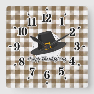 ブラックピルグリムハットオンブラウンプレイド – Thanksgiving スクエア壁時計