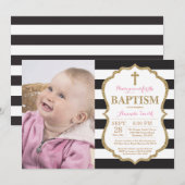 ブラックピンクとゴールドグリッターの洗礼招待状 招待状 (正面/裏面)