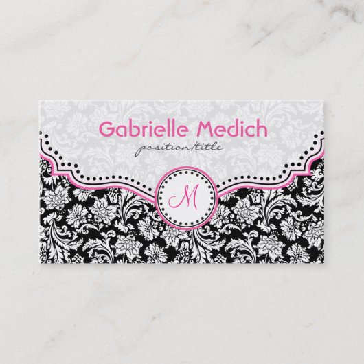 ブラックピンクとホワイトのエレガントフローラ 名刺 (正面)