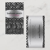 ブラックピンクとメタリックシルバーの幾何学的パターン 名刺 (正面/裏面)