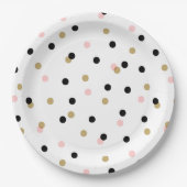 ブラックピンクと金ゴールド紙吹雪ドット ペーパープレート (正面)