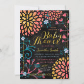 ブラックピンクと金ゴールド赤ちゃんシャワーカラフルフローラ 招待状 (正面)