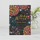 ブラックピンクと金ゴールド赤ちゃんシャワーカラフルフローラ 招待状 (スタンド正面)