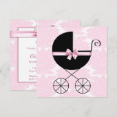 ブラックピンクのダマスク ベビーシャワー 招待状 (正面/裏面)