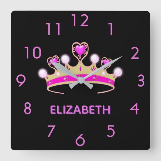 ブラックピンクのティアラ皇太子妃名 スクエア壁時計 (正面)