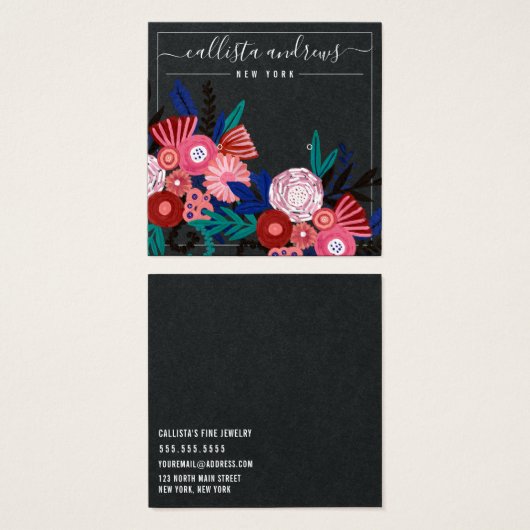 ブラックピンクのフローラ筆記用イヤリング表示カード (正面&裏面)