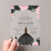 ブラックピンクのフローラ花ドレスシルバーキンセアニェラ アクリル招待状 (インサイチュ (ポータブル))